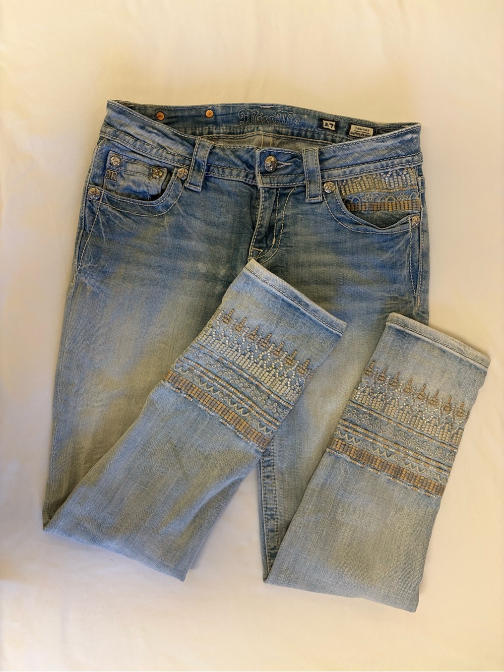 Miss Me Signature Y2K Cuffed Skinny Jeans Embroidered Western Size 27 Boho